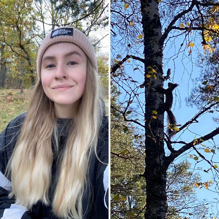 Young woman outdoors smiling confidently, paired with a squirrel taking a leap on a tree in nature.