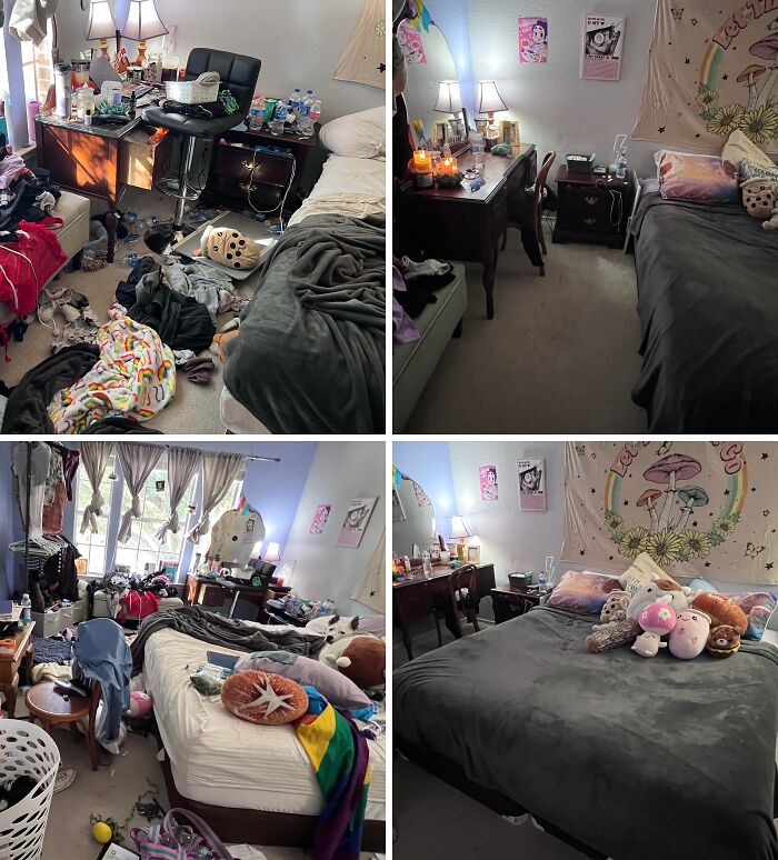 Room transformation showcasing before and after photos highlighting major life decisions and leap of faith changes.