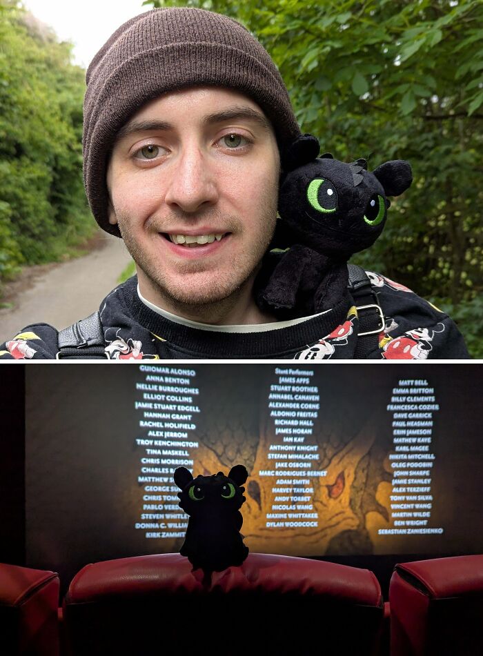 A young man smiling outdoors with a plush toy and a silhouette of the toy in a movie theater, representing leap of faith.