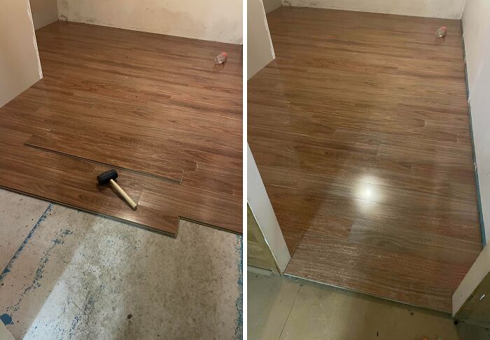 Before and after images of a flooring project showing wood plank installation, symbolizing a leap of faith in home improvement.