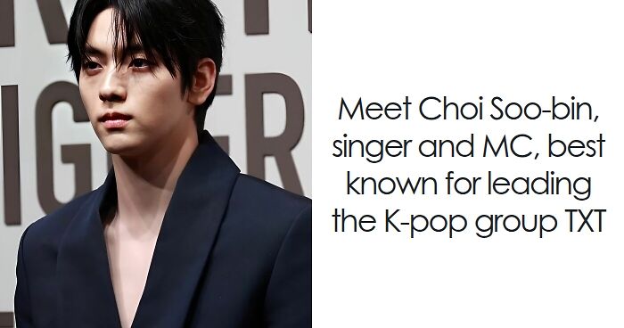 Soobin posing at an event, wearing a dark blazer, showcasing key moments in his bio and career highlights.