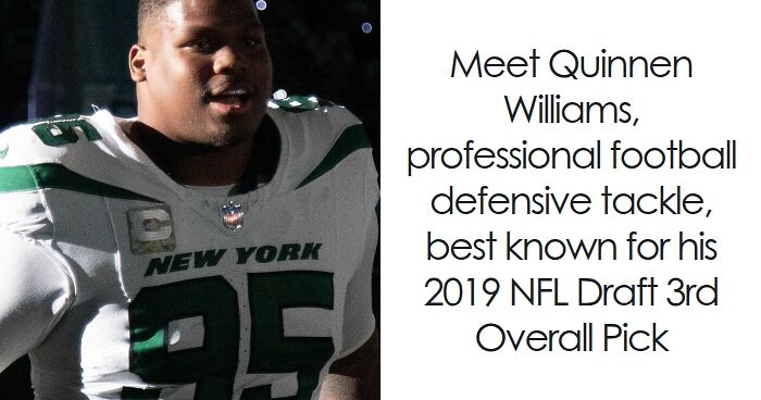 Quinnen Williams in New York Jets uniform, professional football defensive tackle in NFL action.