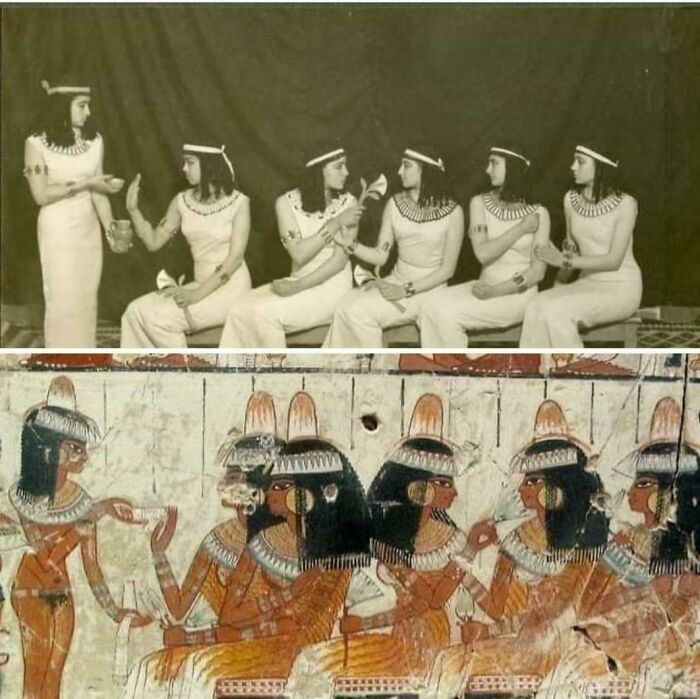 Black and white photo and ancient Egyptian painting showing women in traditional attire seated and interacting, ancient Egypt photography.