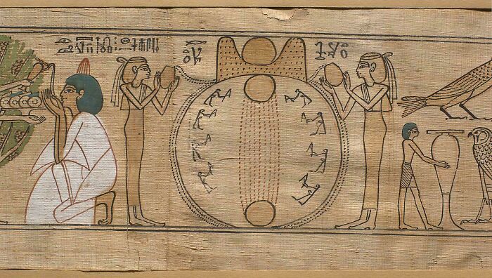 Ancient Egypt papyrus painting showing figures performing rituals with hieroglyphs and symbolic circular design.