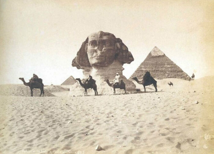 Vintage photograph of Ancient Egypt showing the Great Sphinx, pyramids, and camels in the desert landscape.