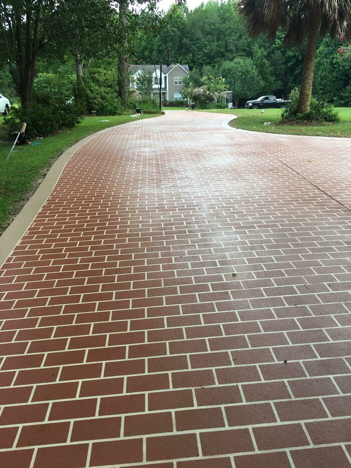 Driveway with brick pattern finish surrounded by greenery, showcasing craftsmanship from different jobs that enhance a 9-to-5 workday.