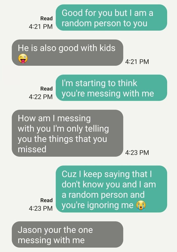 Text message exchange showing a funny wrong number conversation with playful and confusing responses.