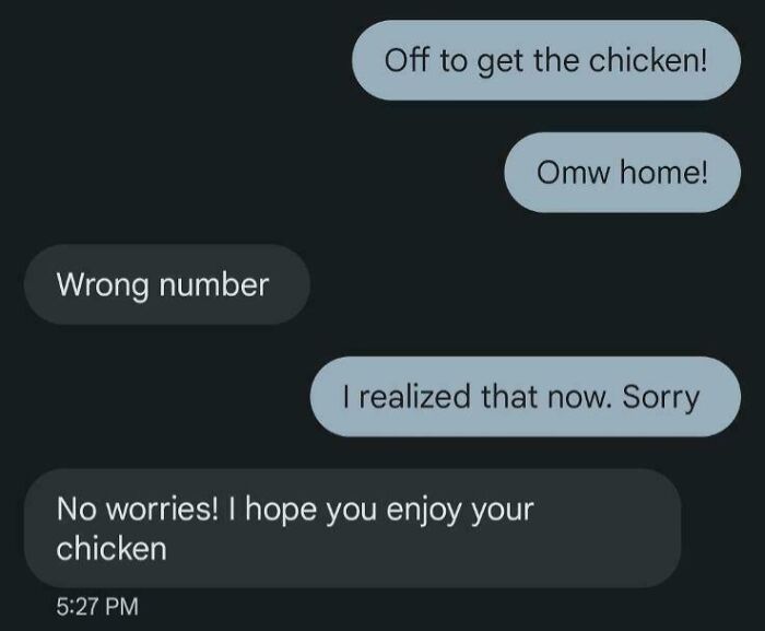 Text exchange showing a funny wrong number message about getting chicken and a polite response.