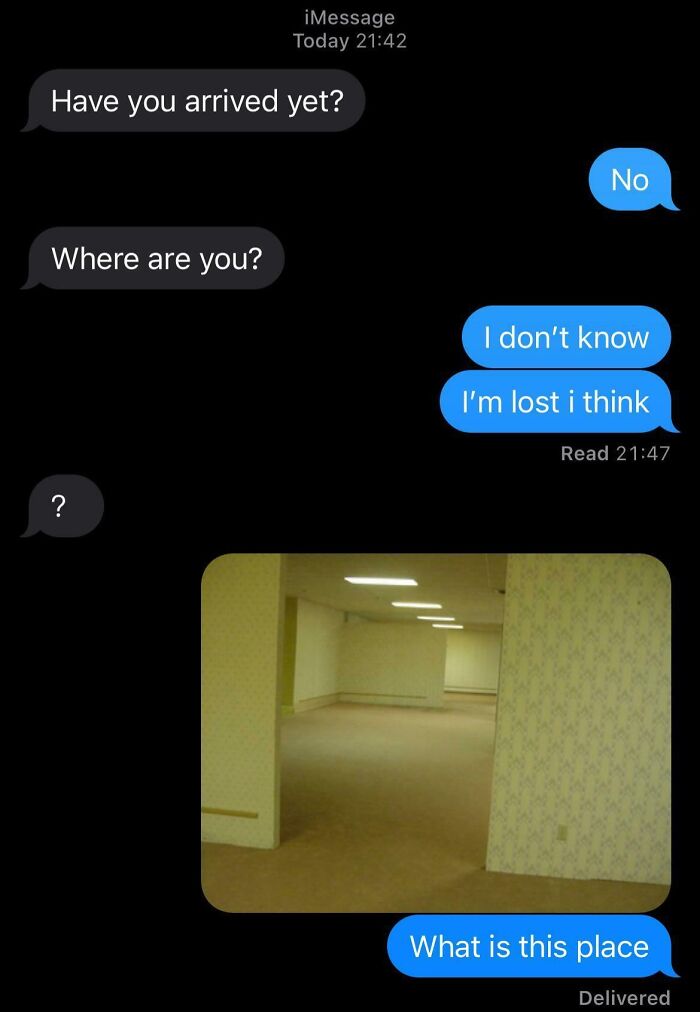 Text exchange of a lost person sending a mysterious empty room photo, a funny wrong number text conversation.