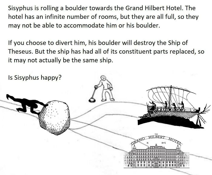 Philosophical meme illustrating Sisyphus, infinite hotel, and Ship of Theseus paradox in intellectual philosophy memes style.