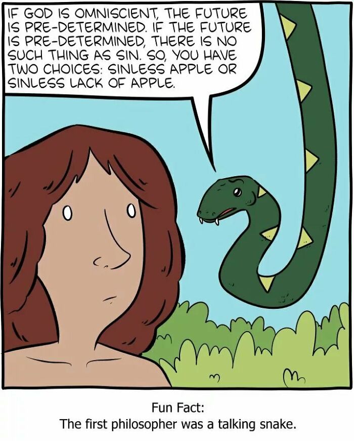 Person listening to a talking snake discussing predetermination and sin in an intellectual-philosophy-memes style cartoon.