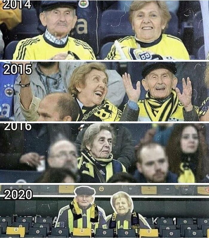 Elderly couple showing heartwarming support for their team through the years, captured in touching photos.