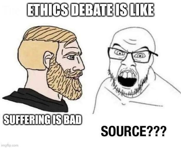 Two illustrated characters debating ethics, representing intellectual philosophy memes about suffering and sources in arguments.