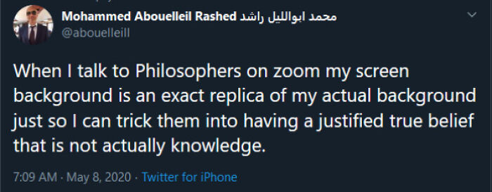 Tweet about using a Zoom background to trick philosophers, humor related to intellectual philosophy memes.
