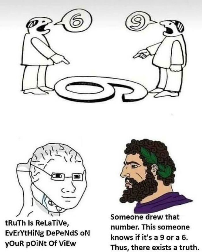 Two people debating if a number is 6 or 9, with intellectual philosophy memes about truth and perspective below.