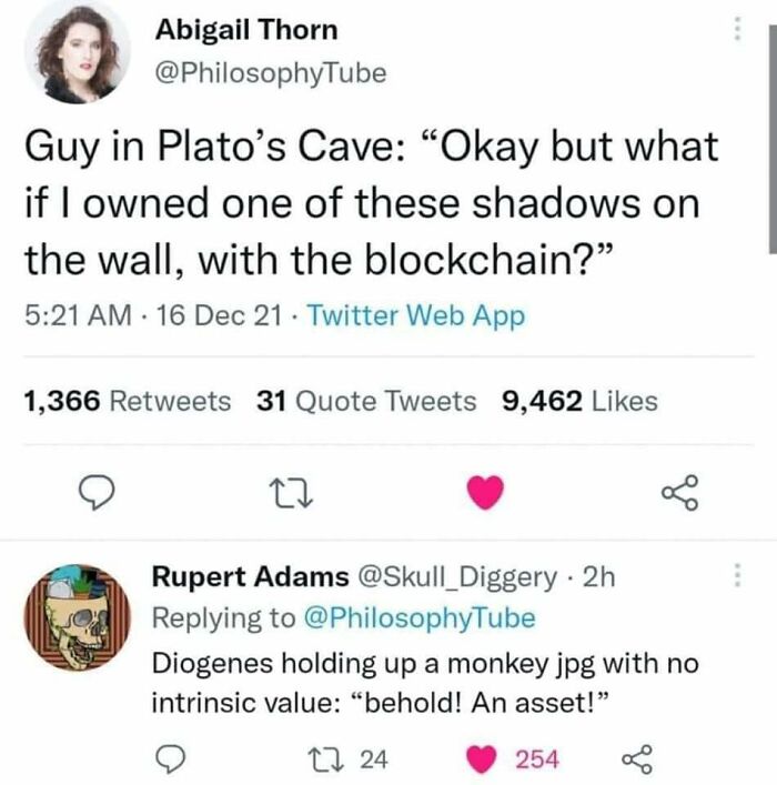 Twitter meme about Plato's cave and blockchain, with a witty reply referencing intellectual philosophy memes.
