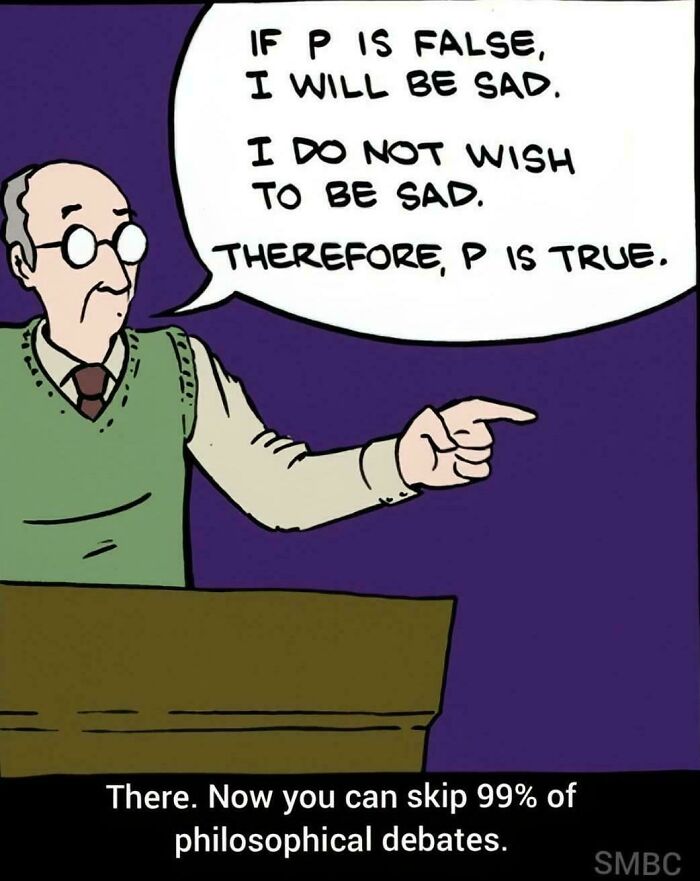 Man in glasses and green vest explaining a logical statement to simplify intellectual philosophy memes debates.