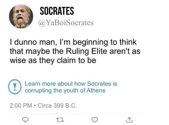 Socrates meme humorously questioning the wisdom of the ruling elite in intellectual philosophy memes style.