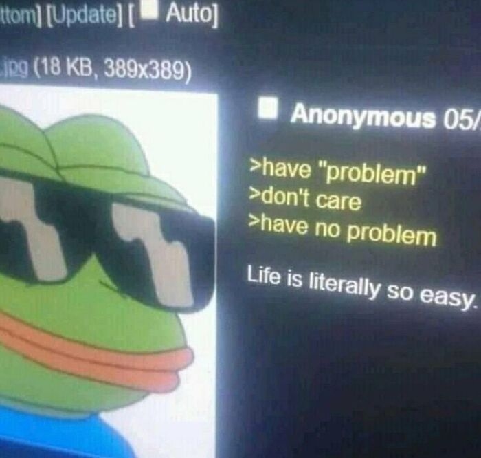 Pepe the Frog meme with sunglasses and text about ignoring problems, reflecting intellectual philosophy memes humor.
