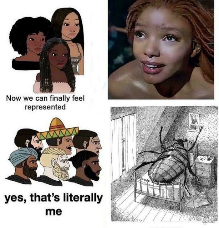 Four diverse illustrated women, various men in hats and beards, a hopeful woman, and a bug on a bed in a room for intellectual philosophy memes.