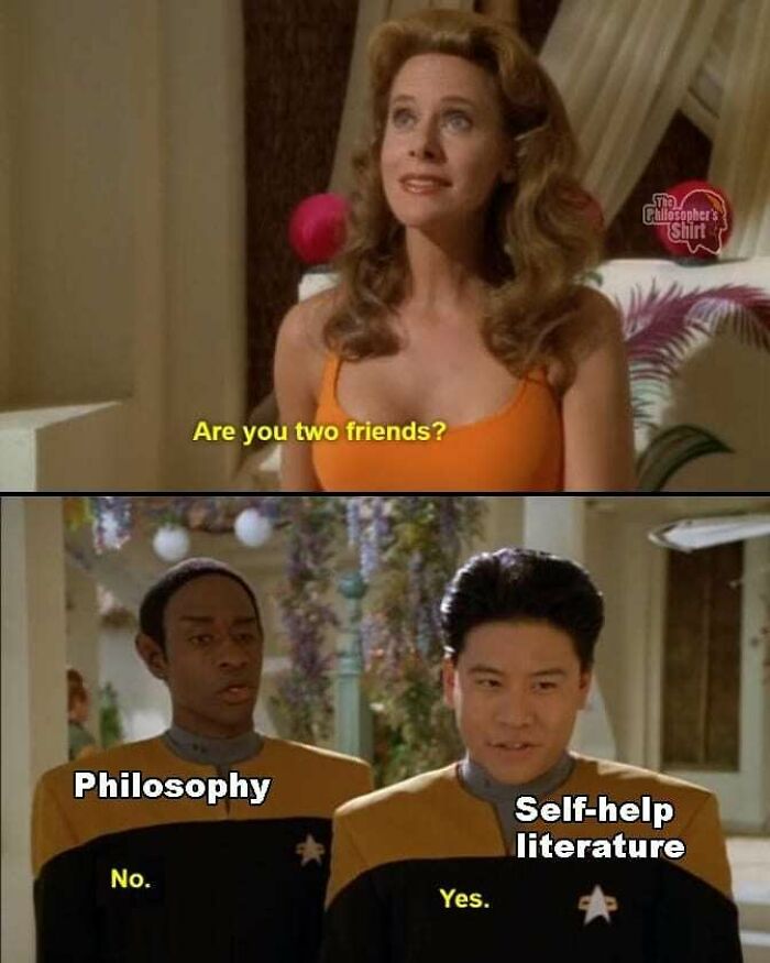 Woman asking if two men are friends, with men labeled Philosophy and Self-help literature in an intelectual-philosophy-memes style.