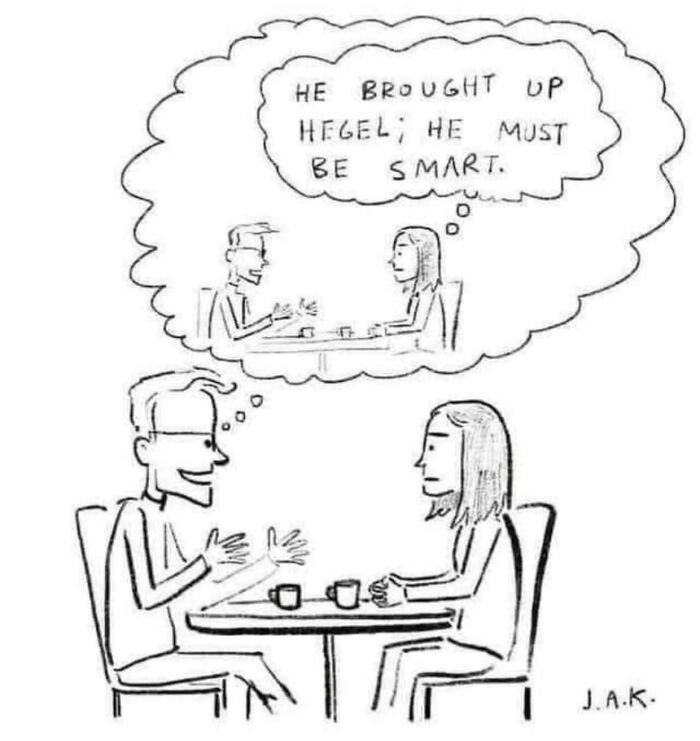 Two people having coffee with a thought bubble about Hegel, reflecting intellectual philosophy memes humor.