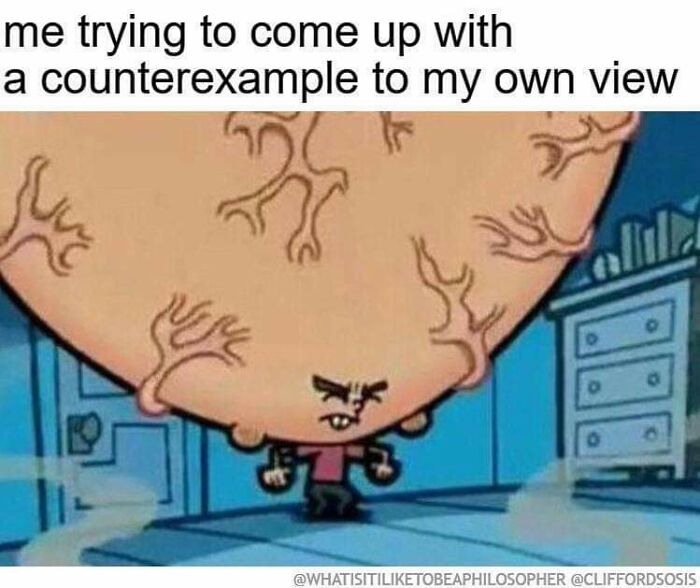 Cartoon character struggling with a huge swollen head to represent intellectual effort in philosophy memes.