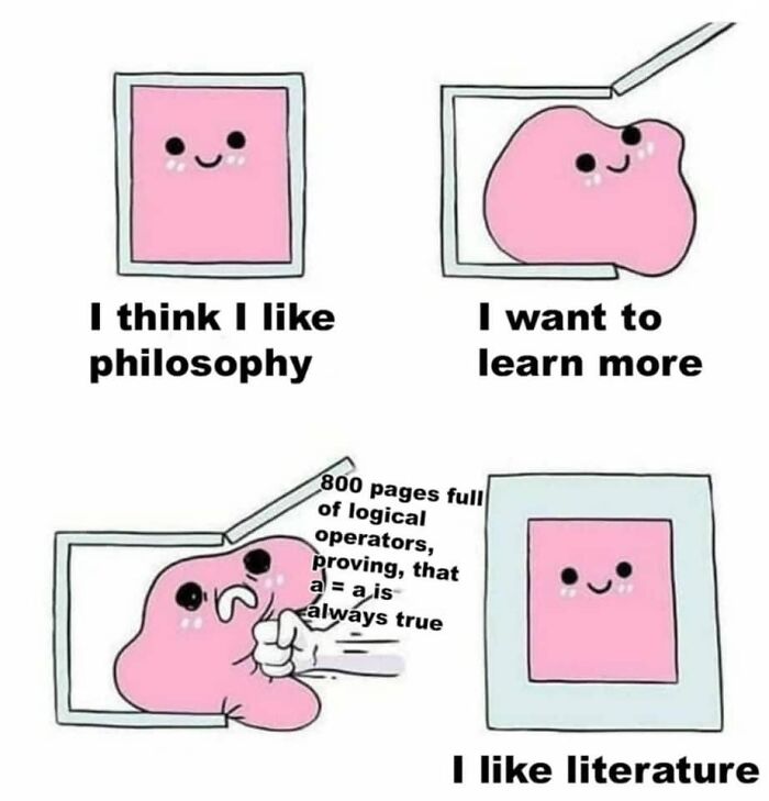 Cute intellectual philosophy meme showing a character transforming from liking philosophy to preferring literature after studying logic.