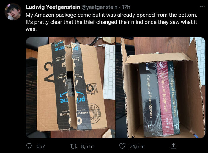 Image of an opened Amazon package revealing philosophy books inside, illustrating intellectual philosophy memes humor.