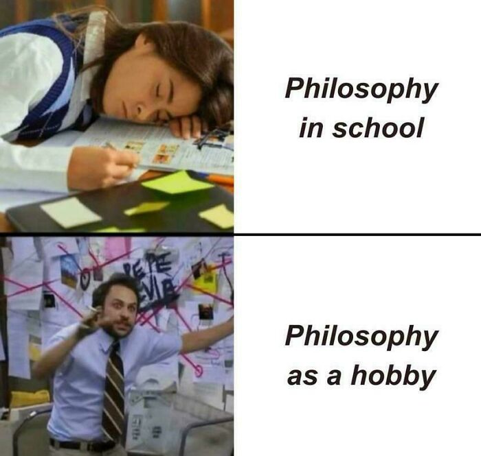 Student asleep on book labeled Philosophy in school, contrasted with intense focus on philosophy as a hobby in intelectural philosophy memes.