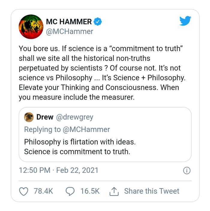 Tweet from MC Hammer discussing the relationship between science and philosophy in an intellectual philosophy memes style.