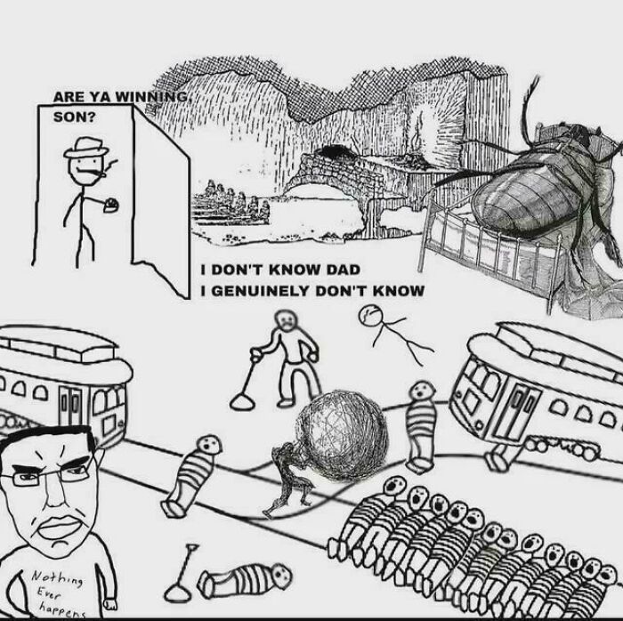 Black and white intellectual philosophy memes collage featuring philosophical dilemmas and stick figure characters.