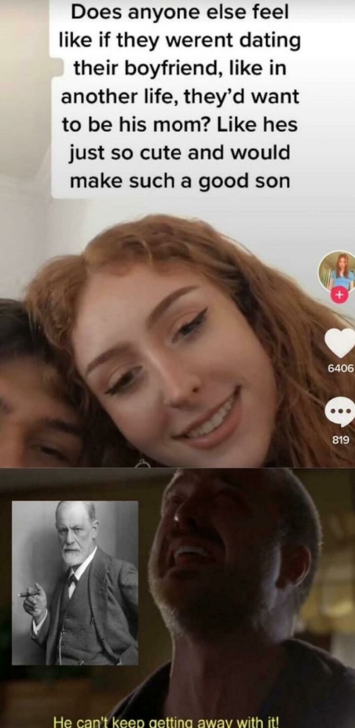 Young woman reflecting on a relationship with a boyfriend, paired with an intellectual-philosophy-memes style reaction scene.