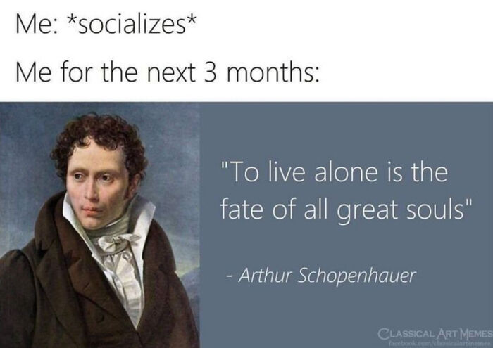 Philosophy meme showing a quote by Arthur Schopenhauer about solitude after socializing with intellectual themes.