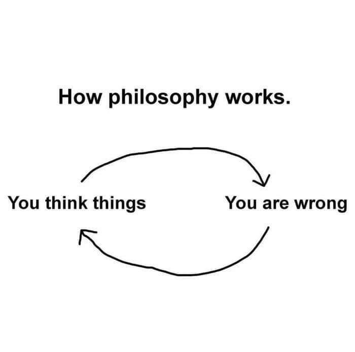 Simple intellectual philosophy meme showing a cycle between thinking things and being wrong with arrows.