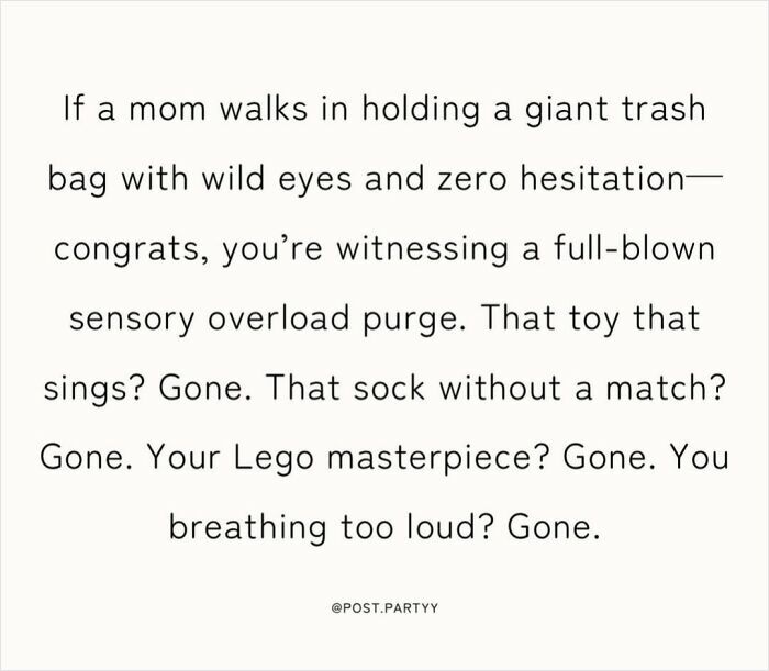 Funny and relatable memes for parents about sensory overload and surviving the chaos of home life.