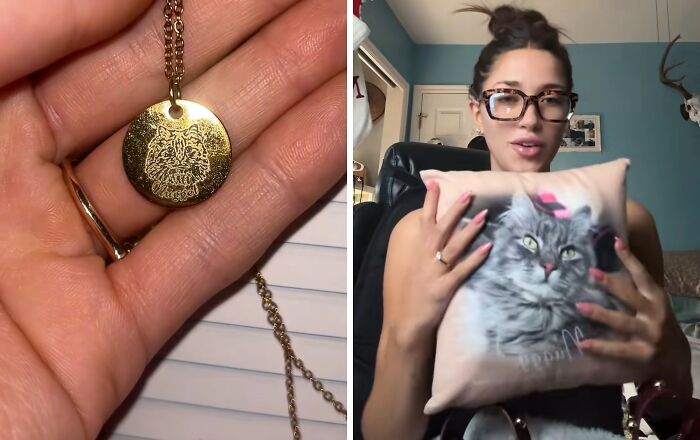 Close-up of a gold cat pendant necklace and a woman holding a personalized cat pillow as unique Christmas gifts.