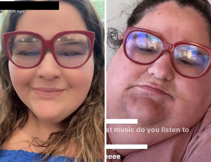 Side-by-side comparison of a woman wearing red glasses showing Instagram vs reality moments exposing the truth behind glam.
