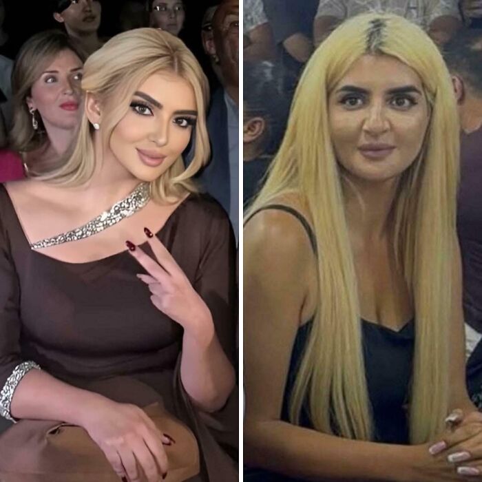 Side-by-side Instagram vs reality moment showing contrast between glam and natural looks at an event.