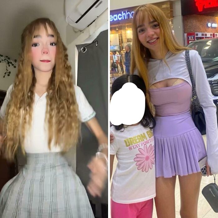 Young woman showing Instagram vs reality moments, dressed stylishly in a skirt with long hair in different settings.