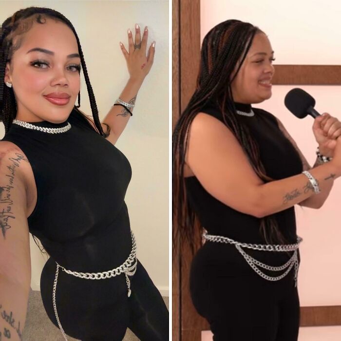 Woman showing Instagram vs reality moments, wearing black outfit with chain belt, highlighting differences behind the glam look.