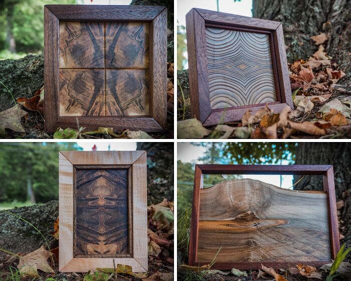 Four handcrafted wooden frames showcasing intricate woodworking patterns displayed outdoors on grass and leaves.