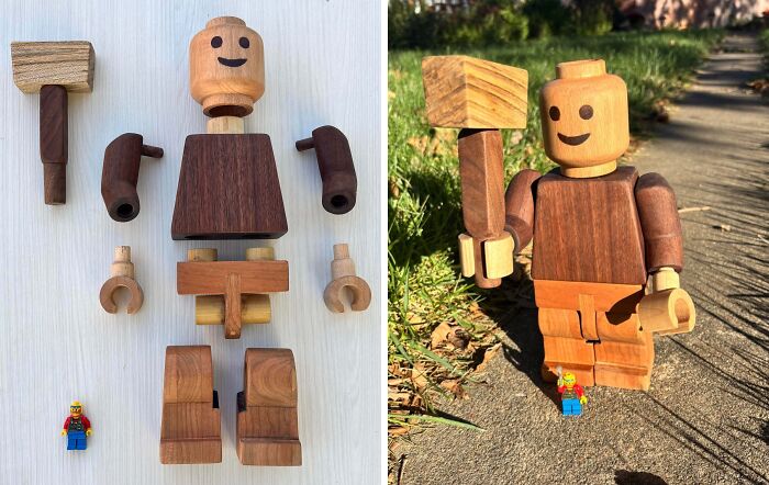 Woodworker’s carved wooden figure of a smiling character with a hammer, shown assembled and disassembled outdoors.