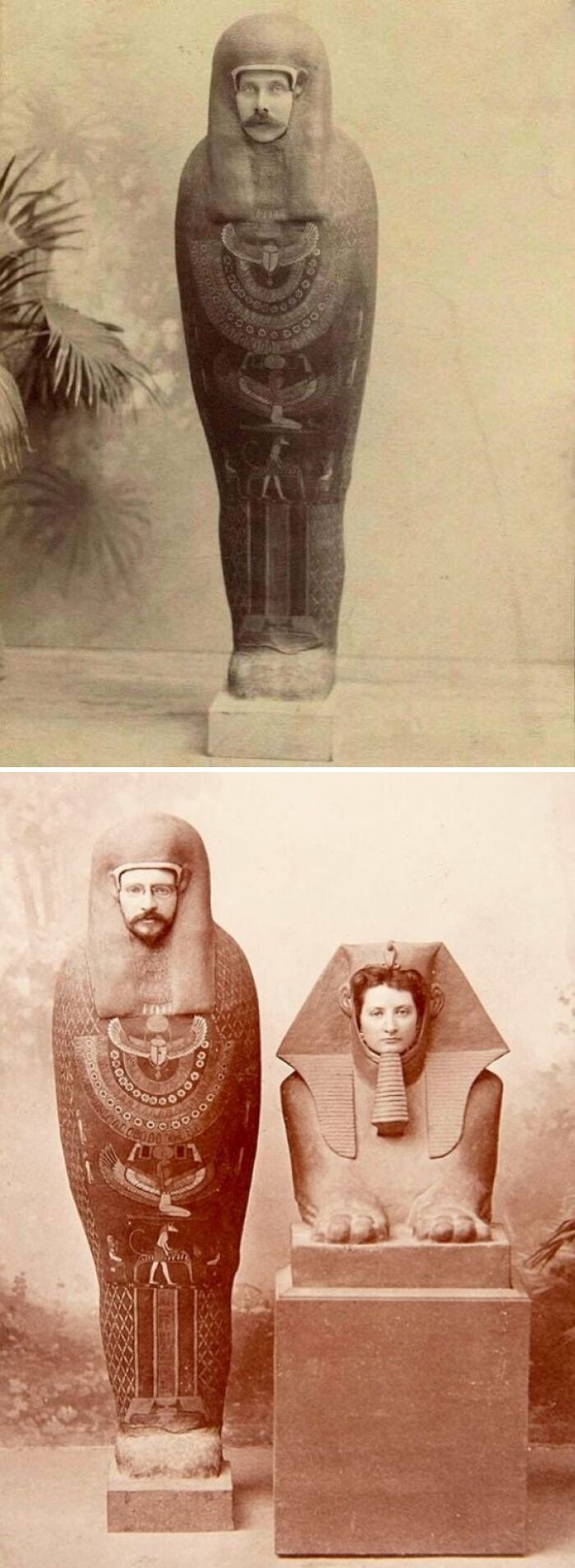 Vintage photographs showing people posing inside ancient Egyptian sarcophagus and sphinx statues with detailed carvings.