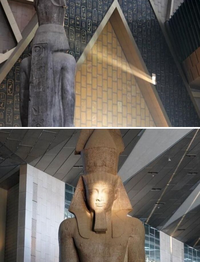Ancient Egyptian statues illuminated by natural light inside a modern museum showcasing artifacts from ancient Egypt.
