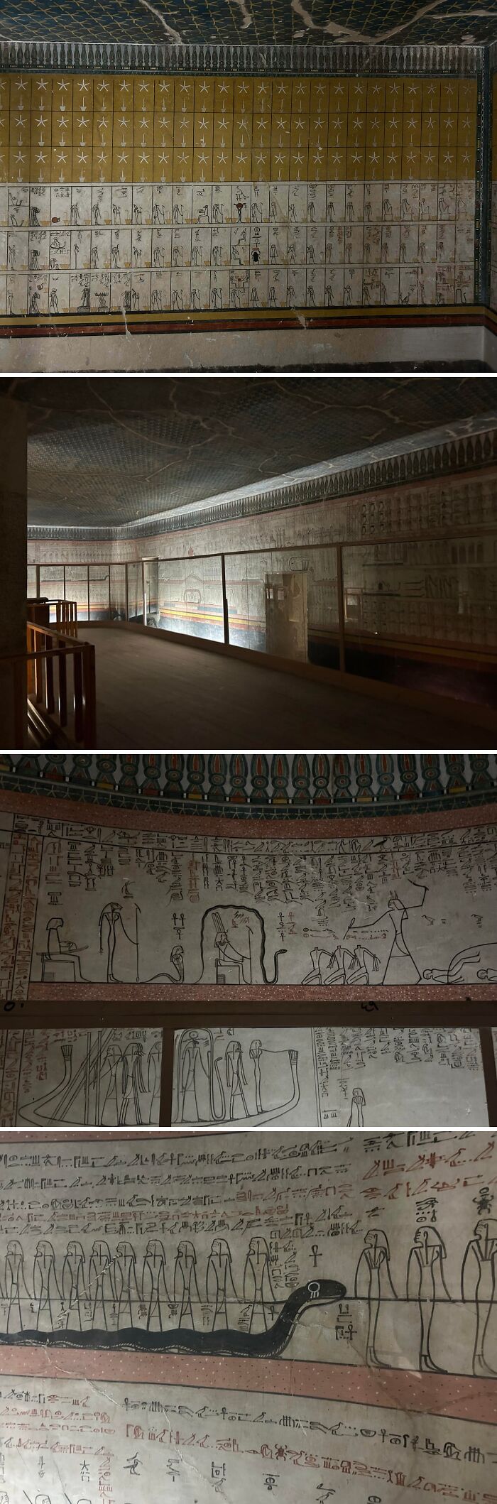 Ancient Egypt wall paintings with hieroglyphics and symbolic figures inside a dimly lit historic tomb interior.