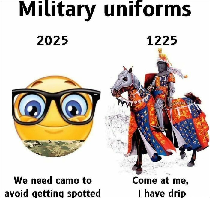 Emoji in modern camo versus knight in 1225 armor, humorous history class meme about military uniforms and learning.