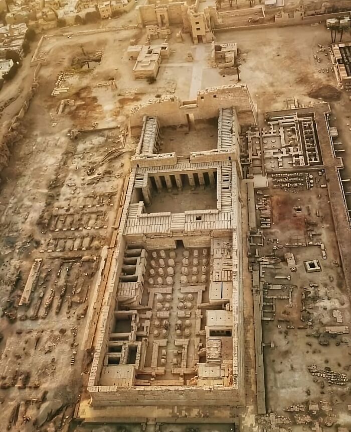 Aerial view of an ancient Egyptian archaeological site showcasing ruins and structures from Ancient Egypt.