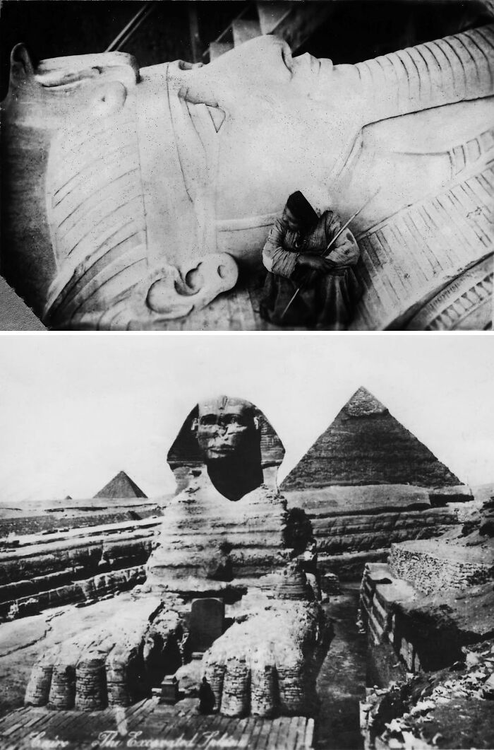 Black and white photos of ancient Egypt, featuring the Great Sphinx and a large statue with a person resting nearby.