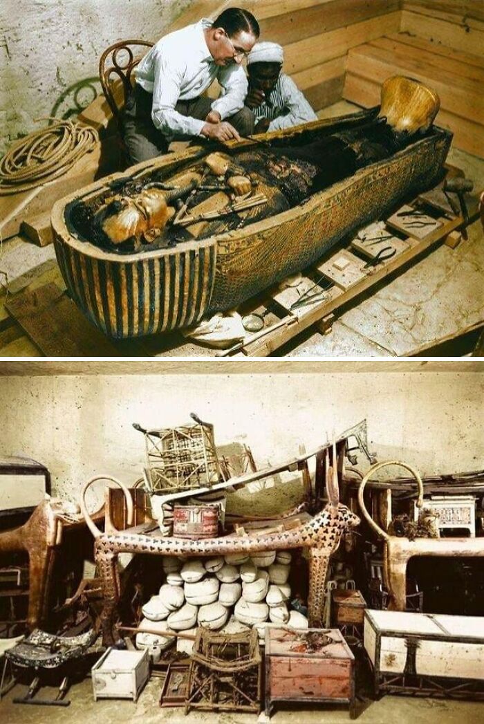 Archaeologists examining an ancient Egyptian sarcophagus and a collection of artifacts from Ancient Egypt.
